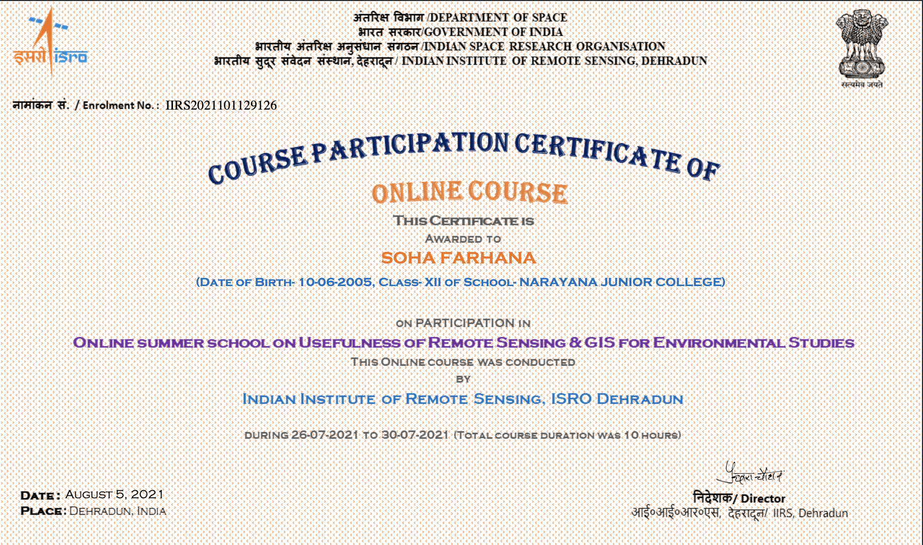 ISRO Certificate