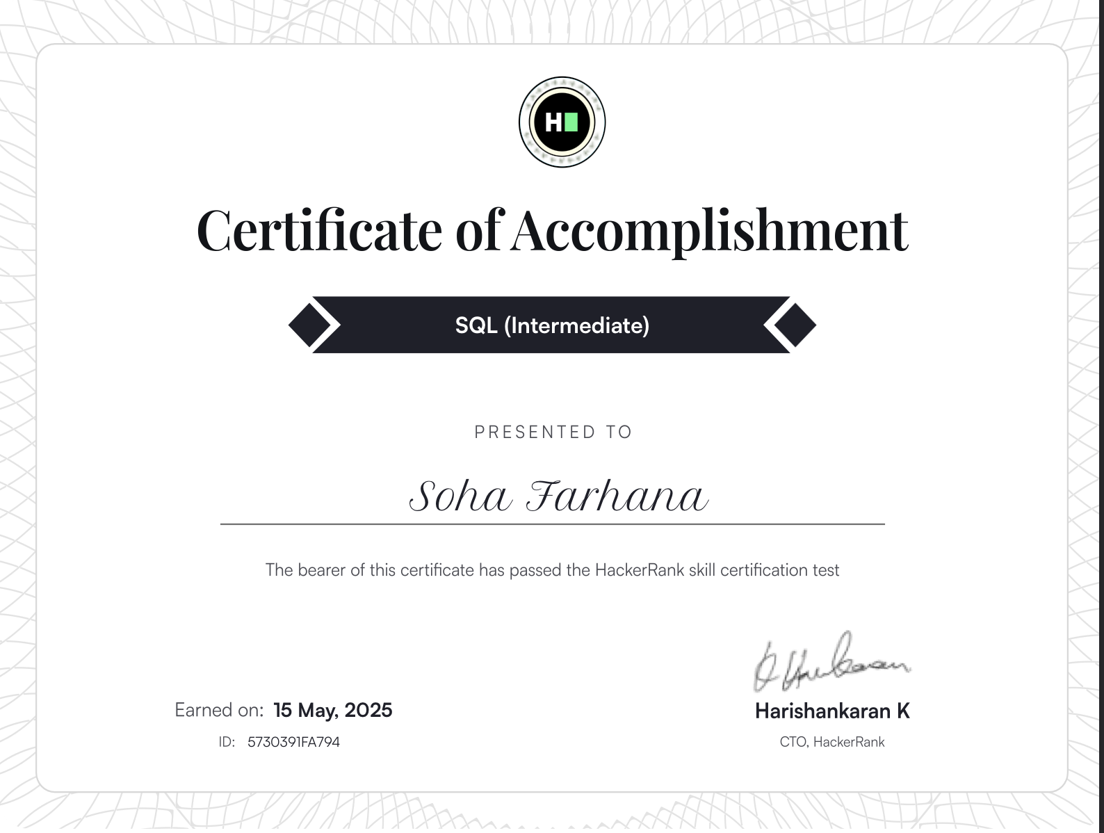 SQL Intermediate Certificate